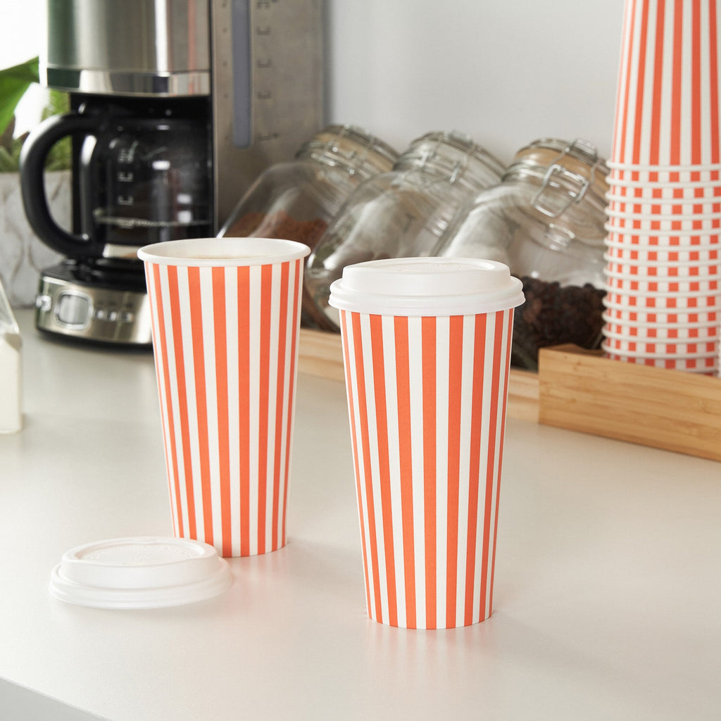 Restpresso 20 oz Orange and White Stripe Paper Single Wall Coffee Cup - with White Lid - 3 1/2"x 3 1/2"x 6 1/2" - 400 count box
