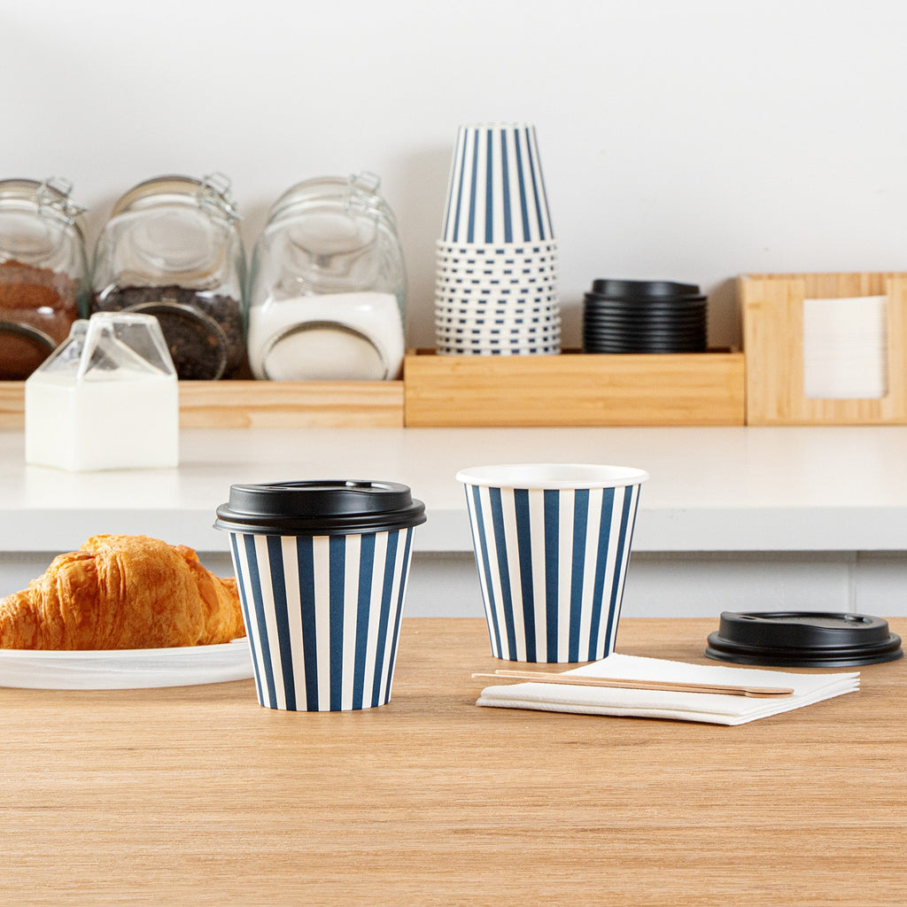 Restpresso 8 oz Blue and White Stripe Paper Single Wall Coffee Cup - with Black Lid - 3 1/2" x 3 1/2" x 3 1/4" - 20 count box