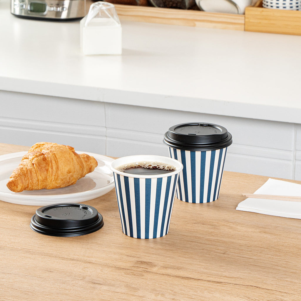 Restpresso 8 oz Blue and White Stripe Paper Single Wall Coffee Cup - with Black Lid - 3 1/2" x 3 1/2" x 3 1/4" - 20 count box