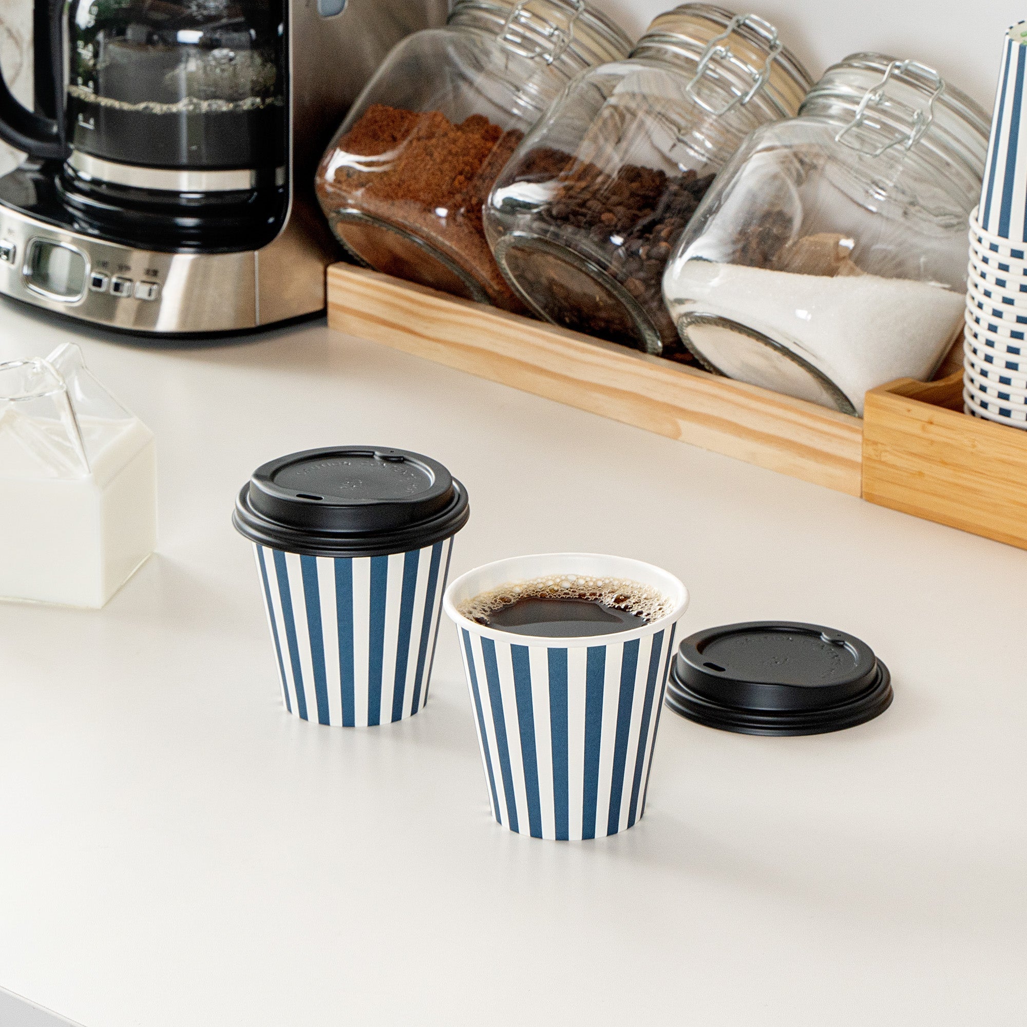 Restpresso 8 oz Blue and White Stripe Paper Single Wall Coffee Cup - with Black Lid - 3 1/2" x 3 1/2" x 3 1/4" - 400 count box