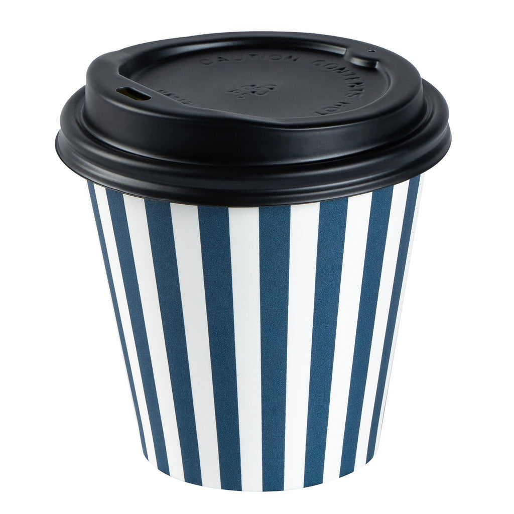 Restpresso 8 oz Blue and White Stripe Paper Single Wall Coffee Cup - with Black Lid - 3 1/2" x 3 1/2" x 3 1/4" - 400 count box