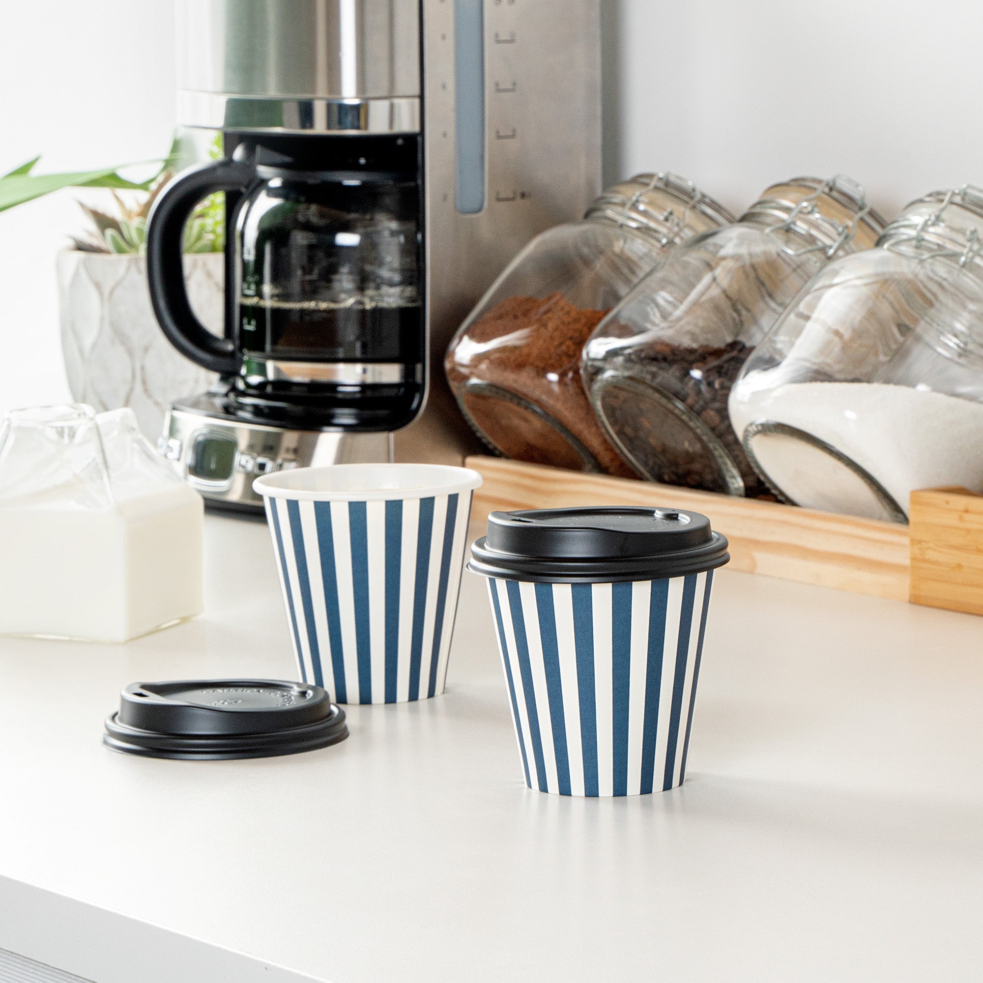 Restpresso 8 oz Blue and White Stripe Paper Single Wall Coffee Cup - with Black Lid - 3 1/2" x 3 1/2" x 3 1/4" - 400 count box