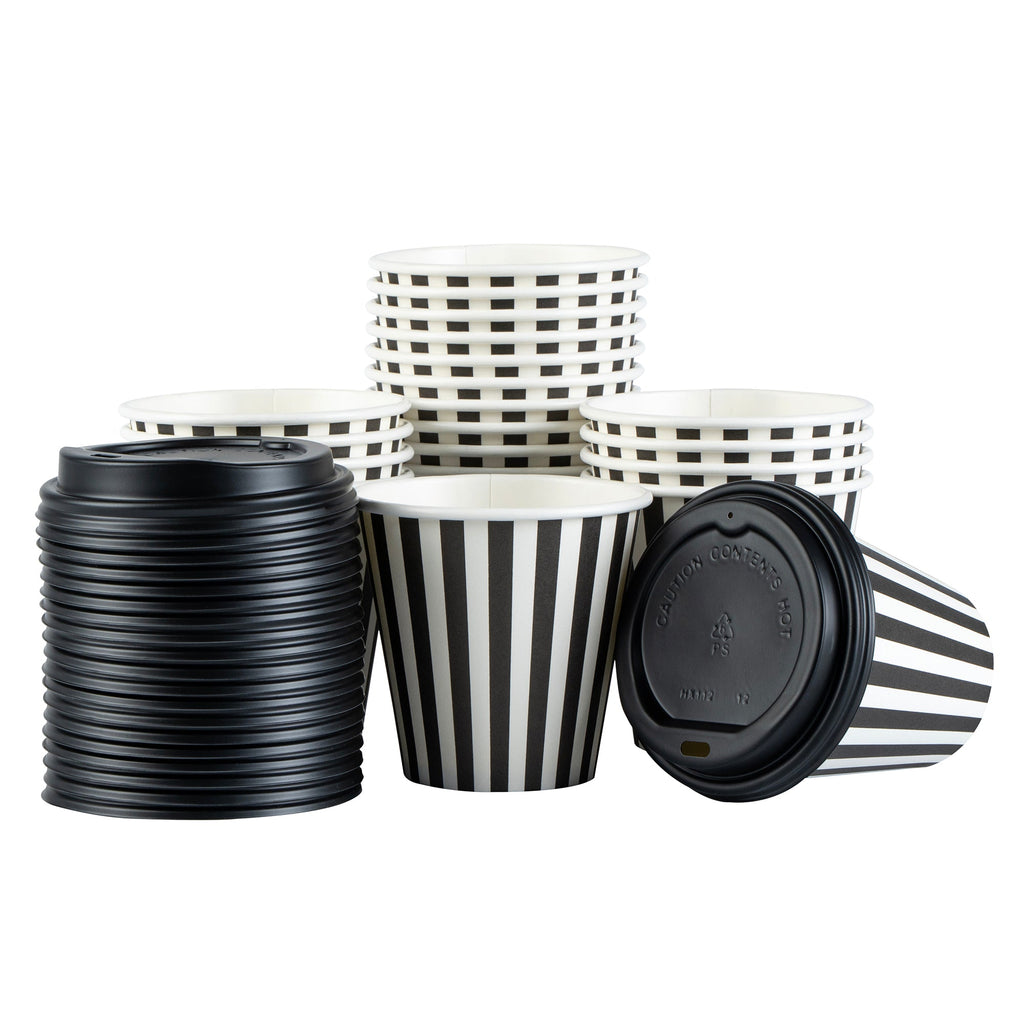 Restpresso 8 oz Black and White Stripe Paper Single Wall Coffee Cup - with Black Lid - 3 1/2" x 3 1/2" x 3 1/4" - 20 count box