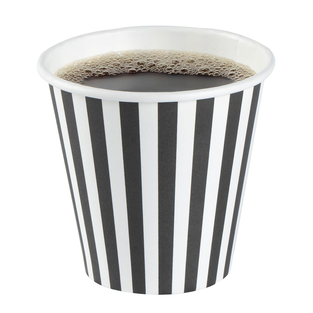 Restpresso 8 oz Black and White Stripe Paper Single Wall Coffee Cup - with Black Lid - 3 1/2" x 3 1/2" x 3 1/4" - 20 count box