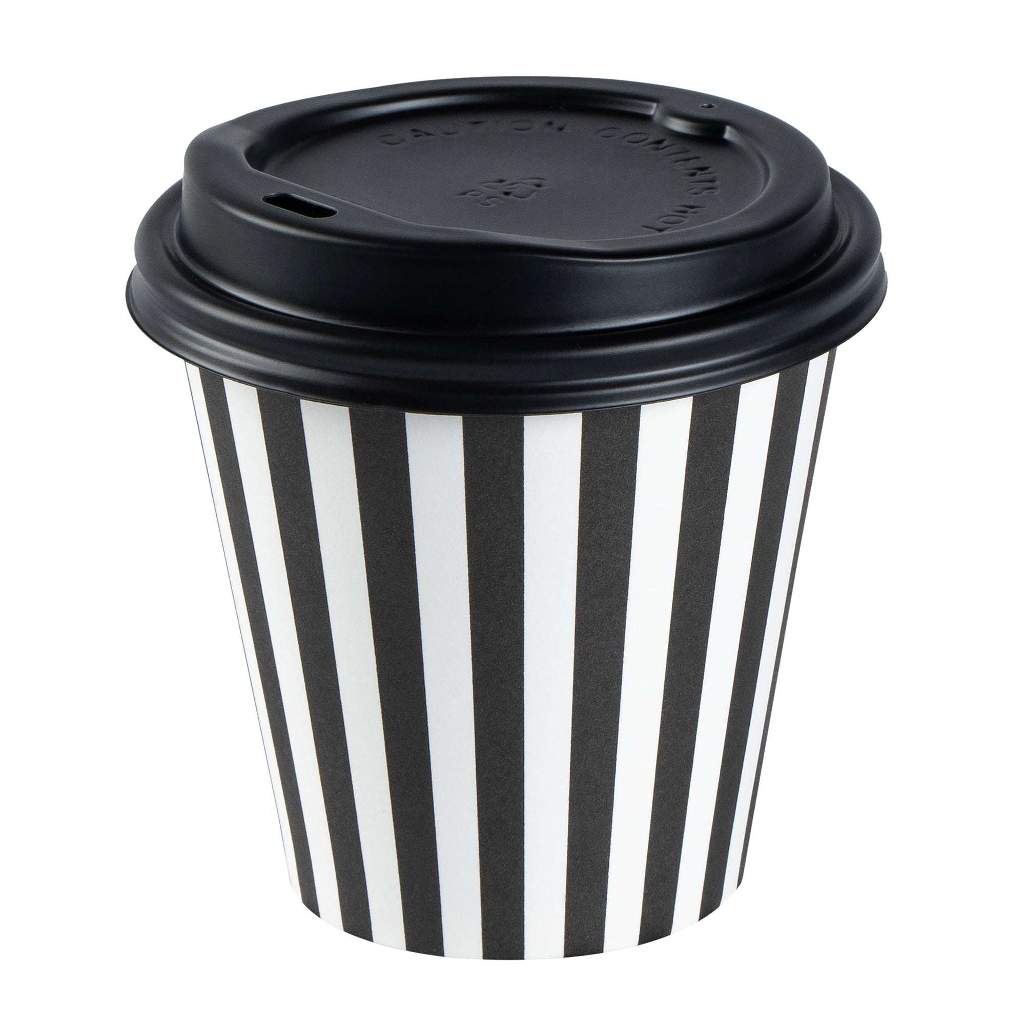 Restpresso 8 oz Black and White Stripe Paper Single Wall Coffee Cup - with Black Lid - 3 1/2" x 3 1/2" x 3 1/4" - 20 count box