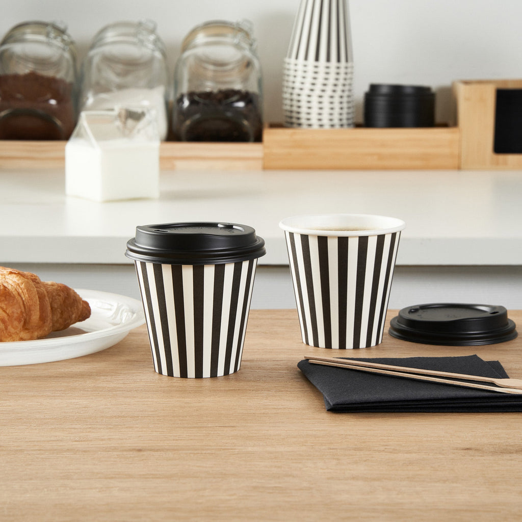 Restpresso 8 oz Black and White Stripe Paper Single Wall Coffee Cup - with Black Lid - 3 1/2" x 3 1/2" x 3 1/4" - 20 count box