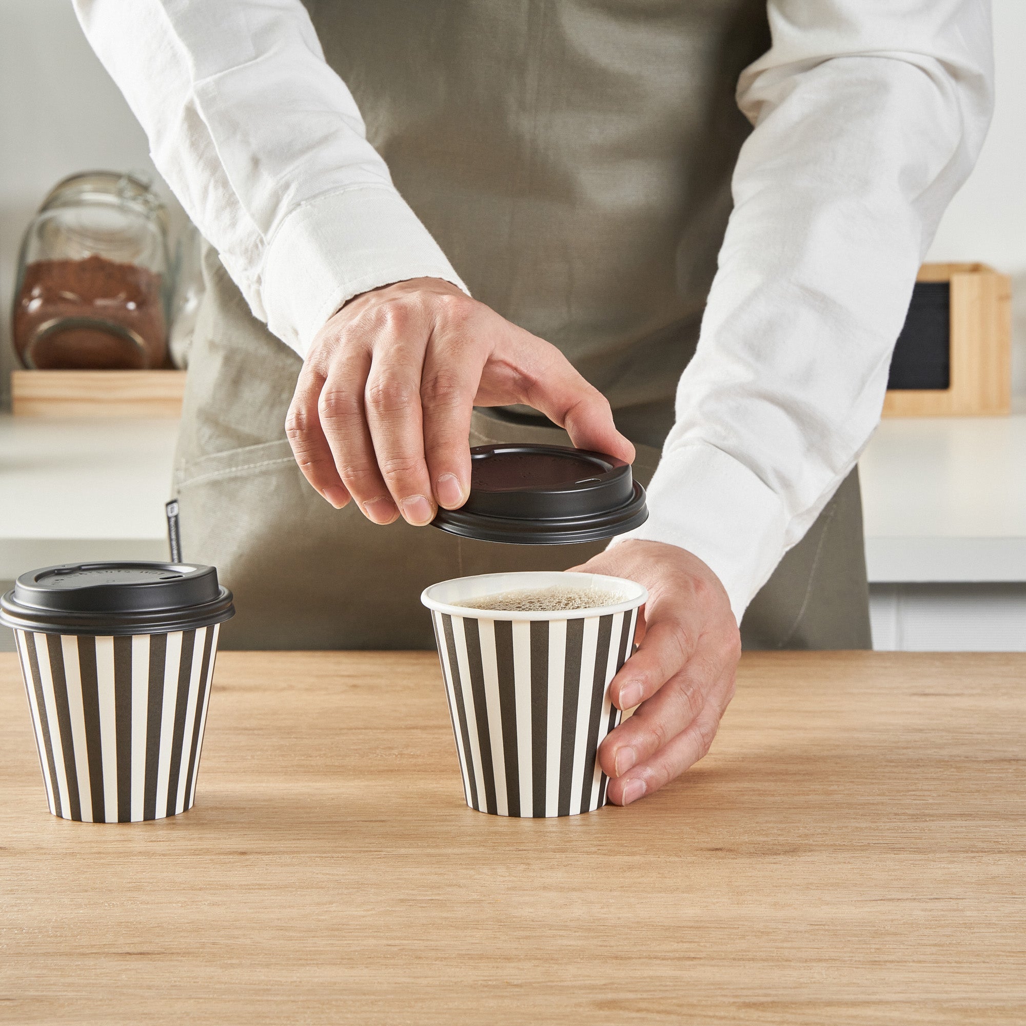 Restpresso 8 oz Black and White Stripe Paper Single Wall Coffee Cup - with Black Lid - 3 1/2" x 3 1/2" x 3 1/4" - 20 count box