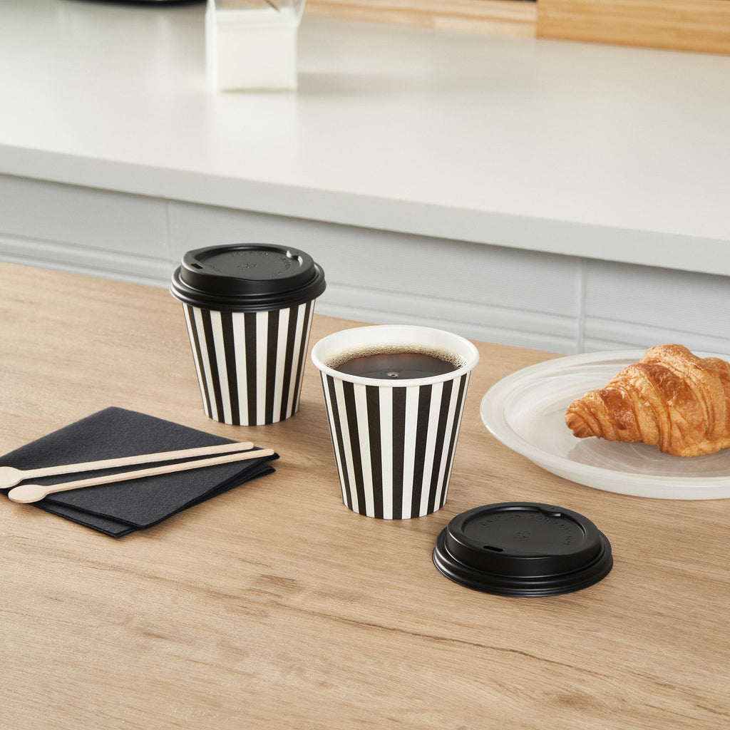 Restpresso 8 oz Black and White Stripe Paper Single Wall Coffee Cup - with Black Lid - 3 1/2" x 3 1/2" x 3 1/4" - 20 count box