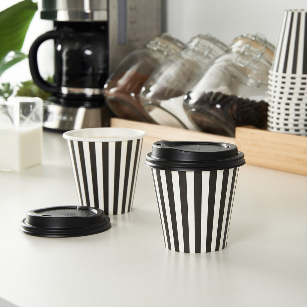 Restpresso 8 oz Black and White Stripe Paper Single Wall Coffee Cup - with Black Lid - 3 1/2" x 3 1/2" x 3 1/4" - 20 count box