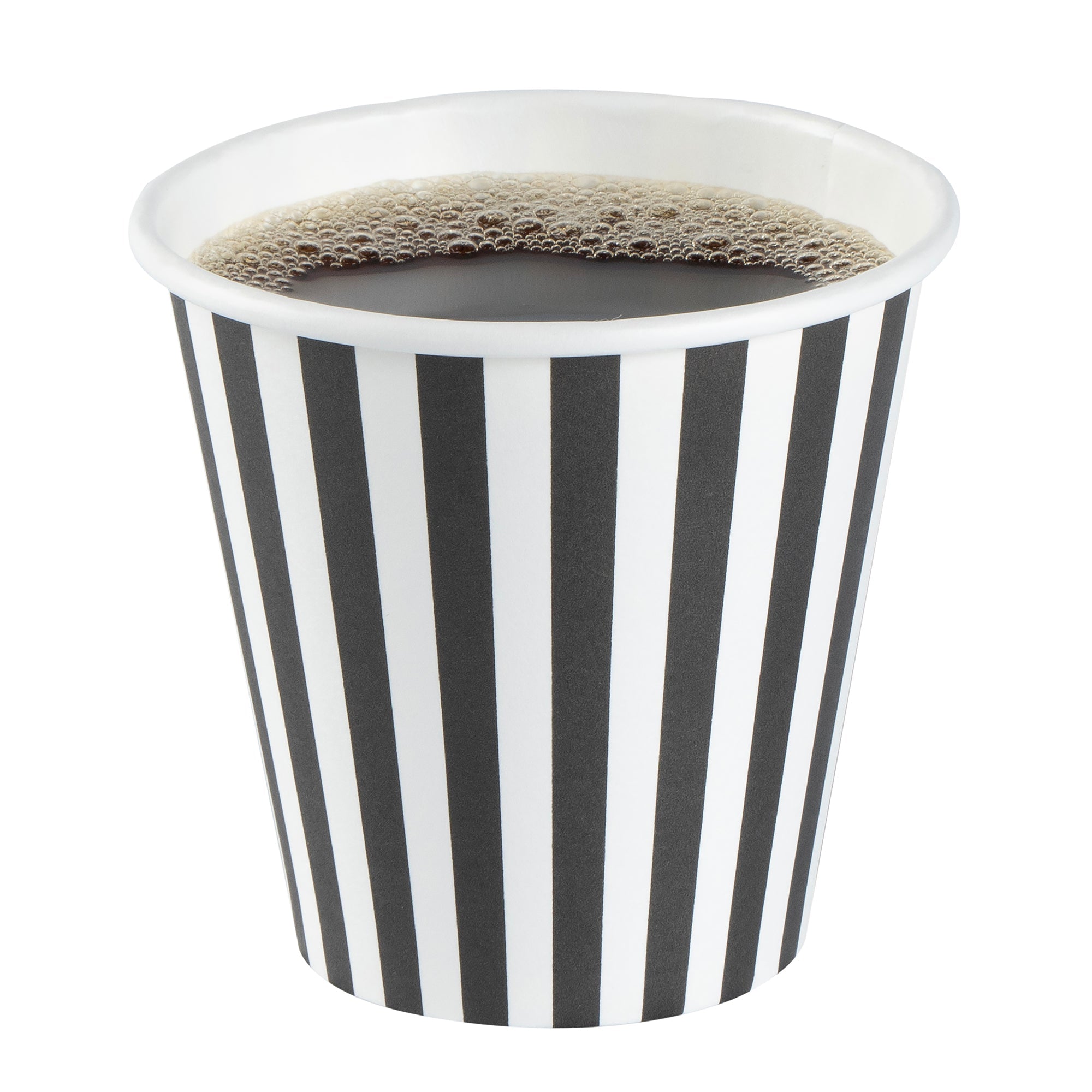 Restpresso 8 oz Black and White Stripe Paper Single Wall Coffee Cup - with Black Lid - 3 1/2" x 3 1/2" x 3 1/4" - 400 count box