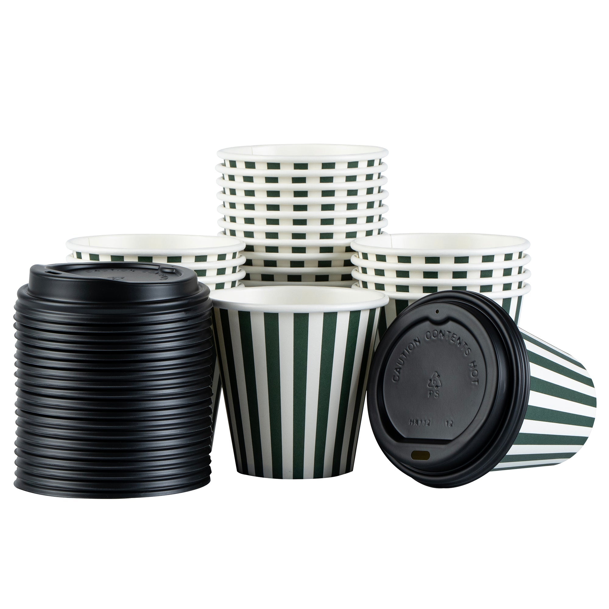 Restpresso 8 oz Forest Green and White Stripe Paper Single Wall Coffee Cup - with Black Lid - 3 1/2" x 3 1/2" x 3 1/4" - 20 count box