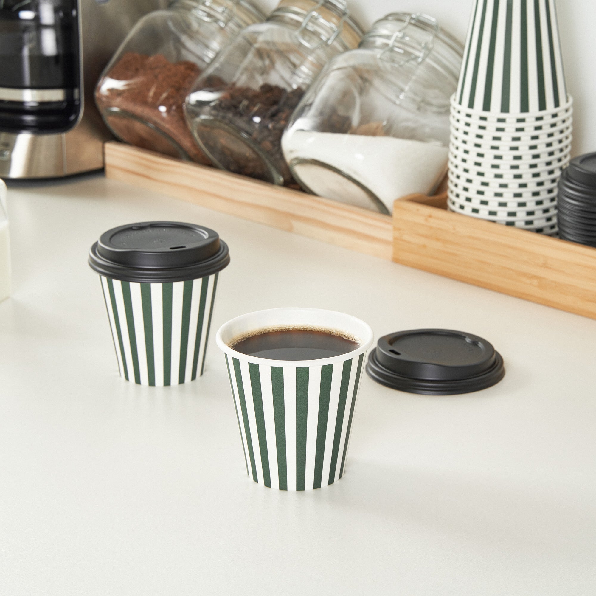 Restpresso 8 oz Forest Green and White Stripe Paper Single Wall Coffee Cup - with Black Lid - 3 1/2" x 3 1/2" x 3 1/4" - 20 count box
