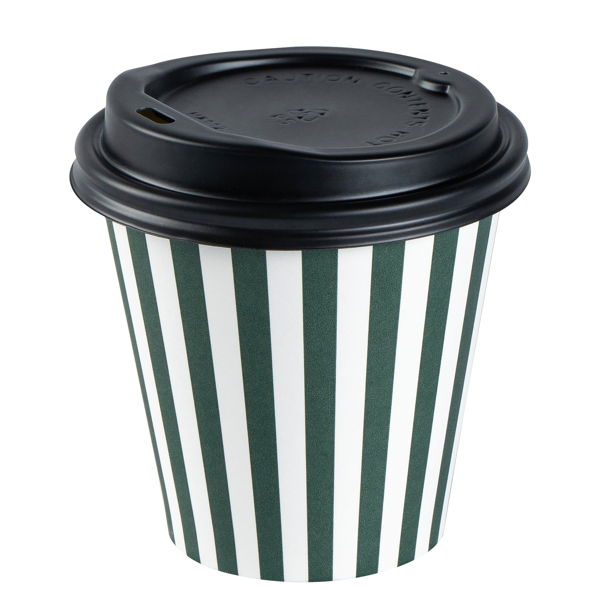 Restpresso 8 oz Forest Green and White Stripe Paper Single Wall Coffee Cup - with Black Lid - 3 1/2" x 3 1/2" x 3 1/4" - 20 count box
