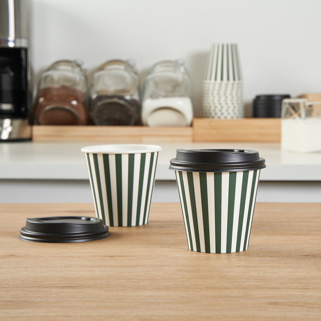 Restpresso 8 oz Forest Green and White Stripe Paper Single Wall Coffee Cup - with Black Lid - 3 1/2" x 3 1/2" x 3 1/4" - 20 count box