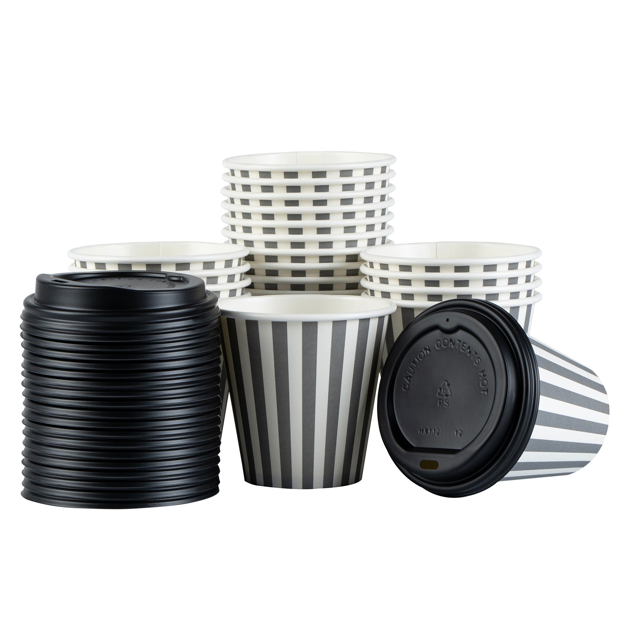 Restpresso 8 oz Gray and White Stripe Paper Single Wall Coffee Cup - with Black Lid - 3 1/2" x 3 1/2" x 3 1/4" - 20 count box