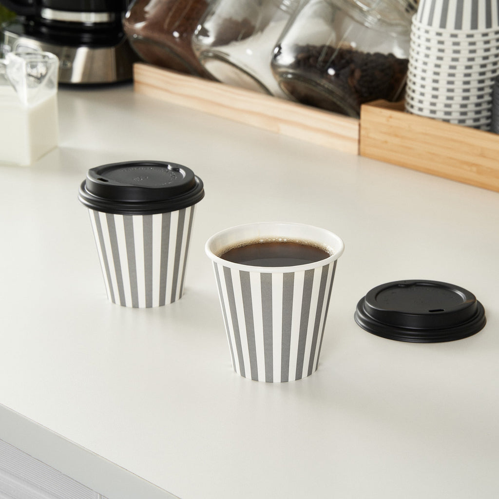 Restpresso 8 oz Gray and White Stripe Paper Single Wall Coffee Cup - with Black Lid - 3 1/2" x 3 1/2" x 3 1/4" - 400 count box