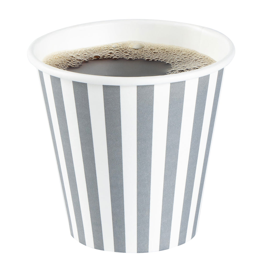 Restpresso 8 oz Gray and White Stripe Paper Single Wall Coffee Cup - with Black Lid - 3 1/2" x 3 1/2" x 3 1/4" - 400 count box