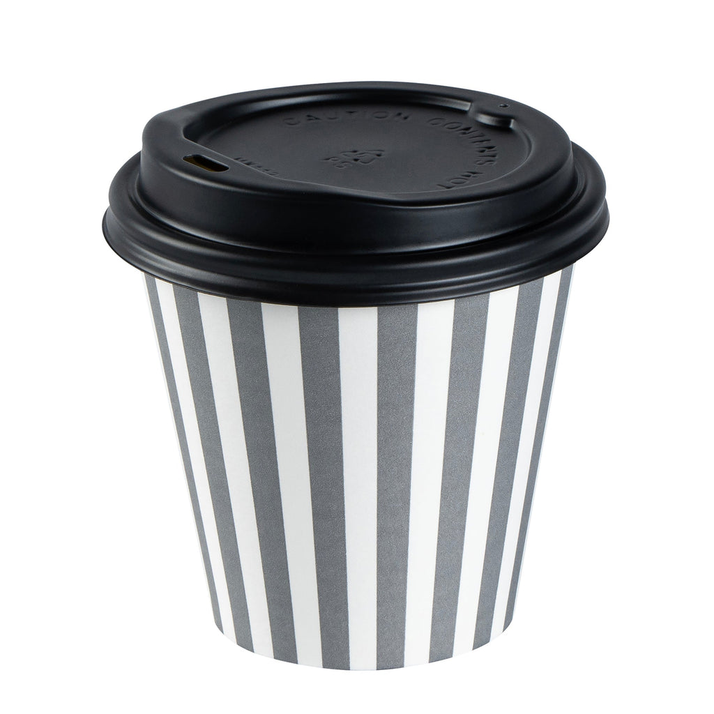 Restpresso 8 oz Gray and White Stripe Paper Single Wall Coffee Cup - with Black Lid - 3 1/2" x 3 1/2" x 3 1/4" - 400 count box