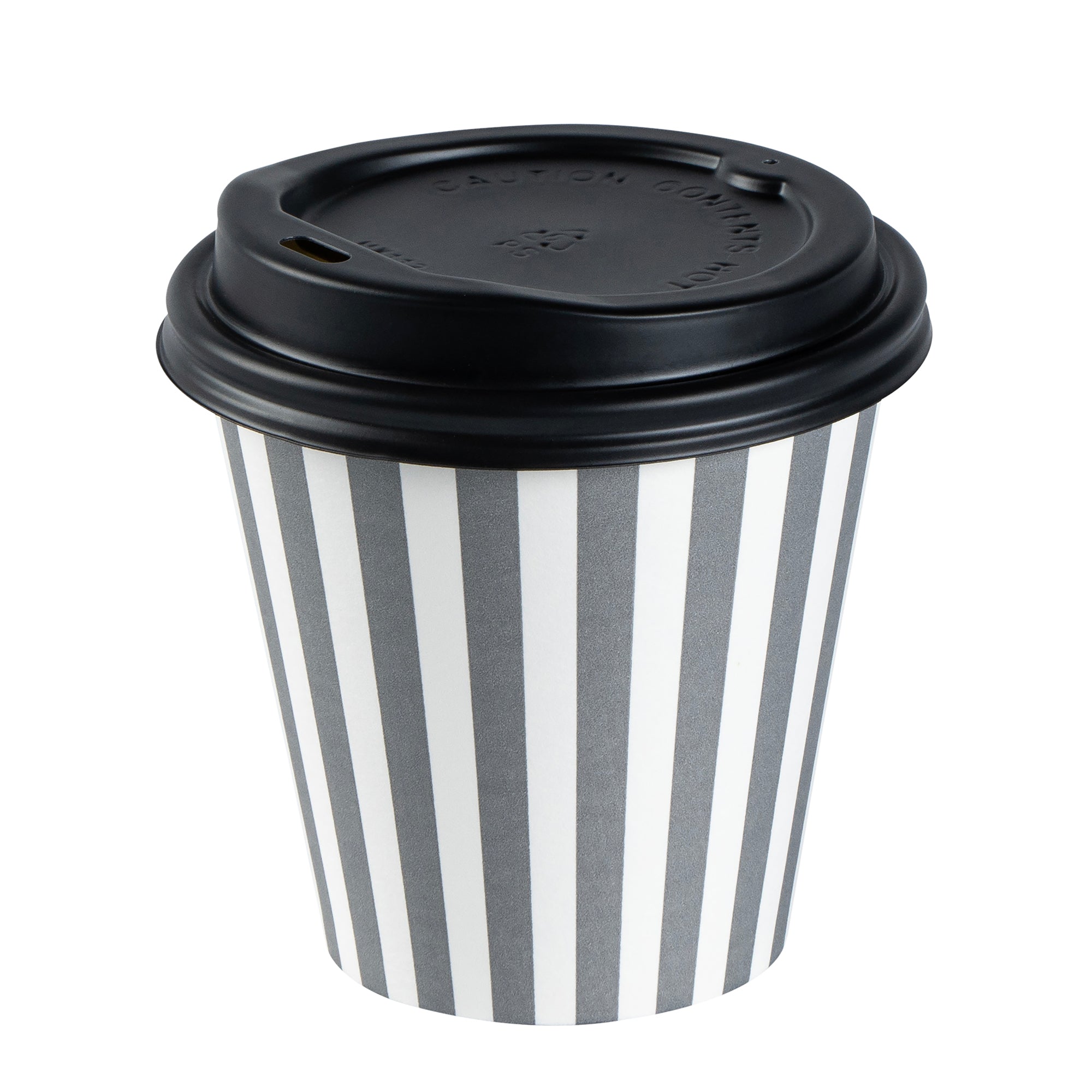 Restpresso 8 oz Gray and White Stripe Paper Single Wall Coffee Cup - with Black Lid - 3 1/2" x 3 1/2" x 3 1/4" - 400 count box
