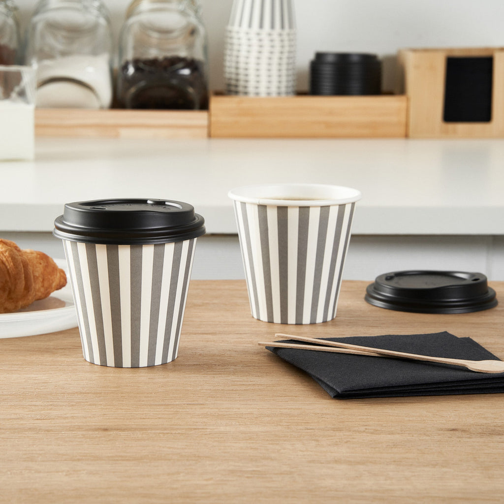 Restpresso 8 oz Gray and White Stripe Paper Single Wall Coffee Cup - with Black Lid - 3 1/2" x 3 1/2" x 3 1/4" - 400 count box