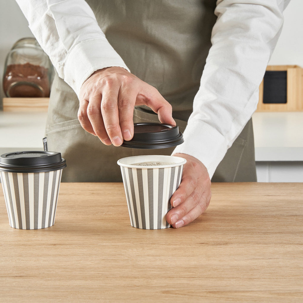 Restpresso 8 oz Gray and White Stripe Paper Single Wall Coffee Cup - with Black Lid - 3 1/2" x 3 1/2" x 3 1/4" - 400 count box