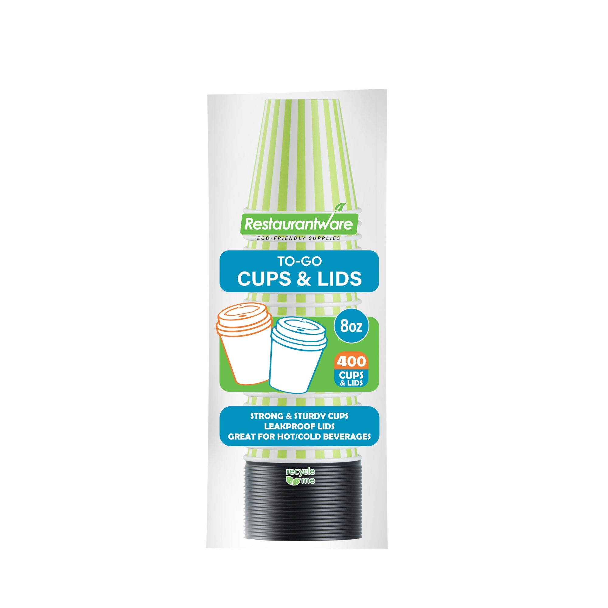 Restpresso 8 oz Green and White Stripe Paper Single Wall Coffee Cup - with Black Lid - 3 1/2" x 3 1/2" x 3 1/4" - 20 count box
