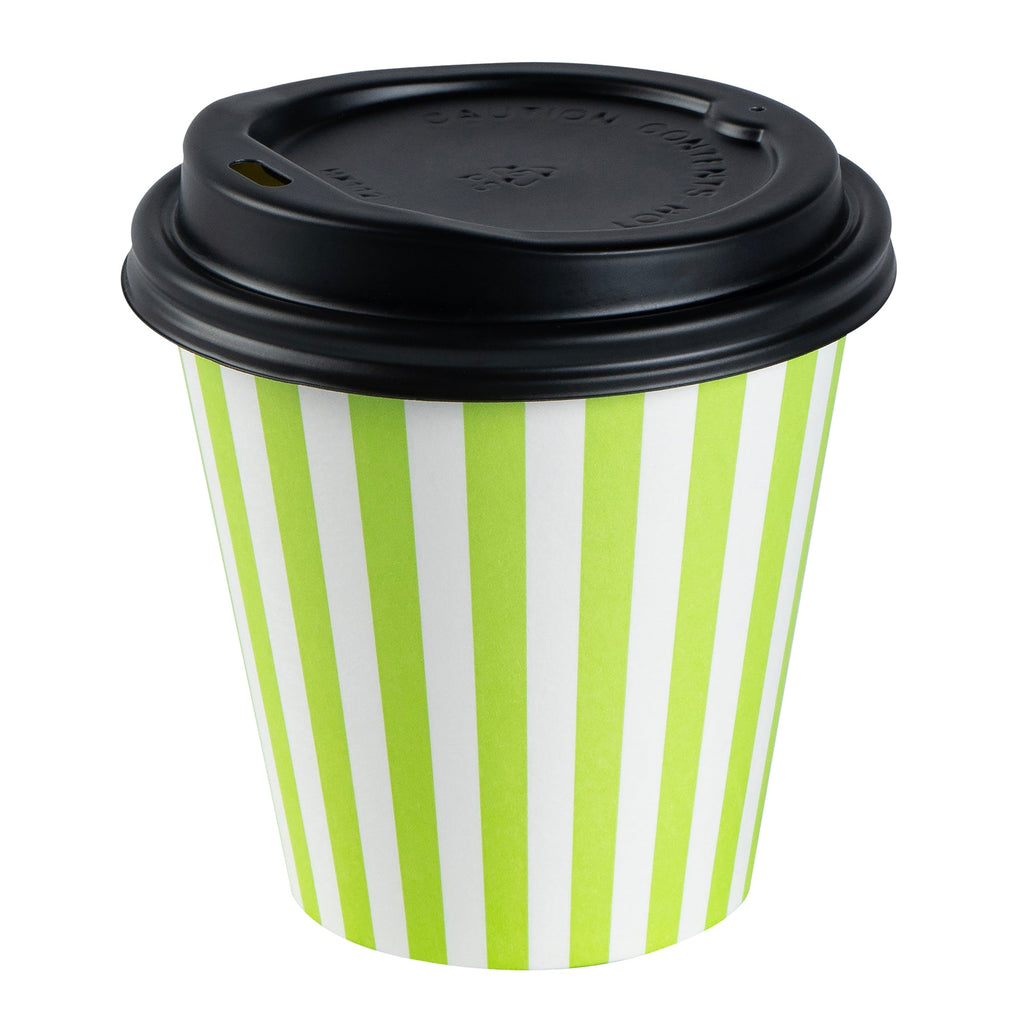 Restpresso 8 oz Green and White Stripe Paper Single Wall Coffee Cup - with Black Lid - 3 1/2" x 3 1/2" x 3 1/4" - 20 count box