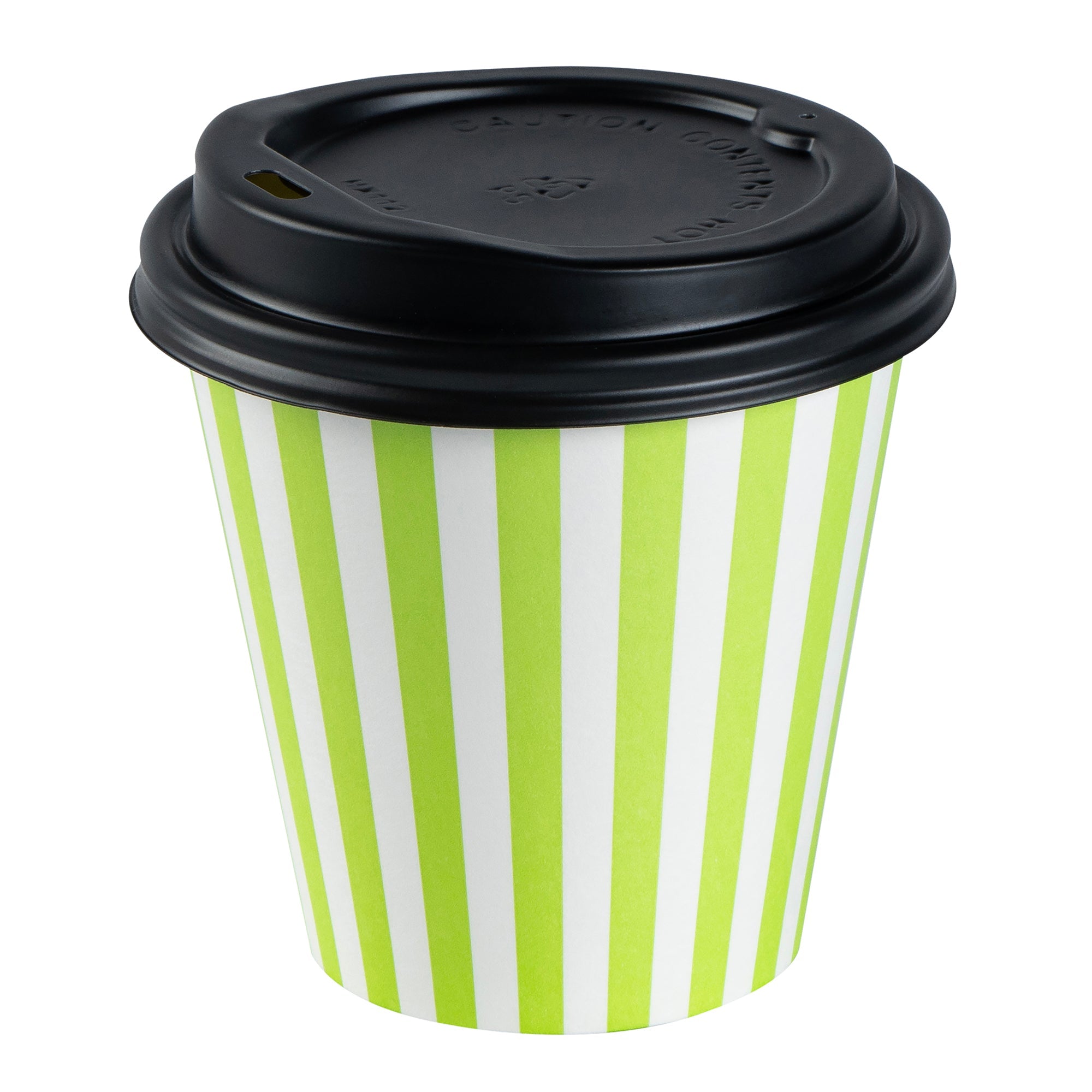 Restpresso 8 oz Green and White Stripe Paper Single Wall Coffee Cup - with Black Lid - 3 1/2" x 3 1/2" x 3 1/4" - 20 count box