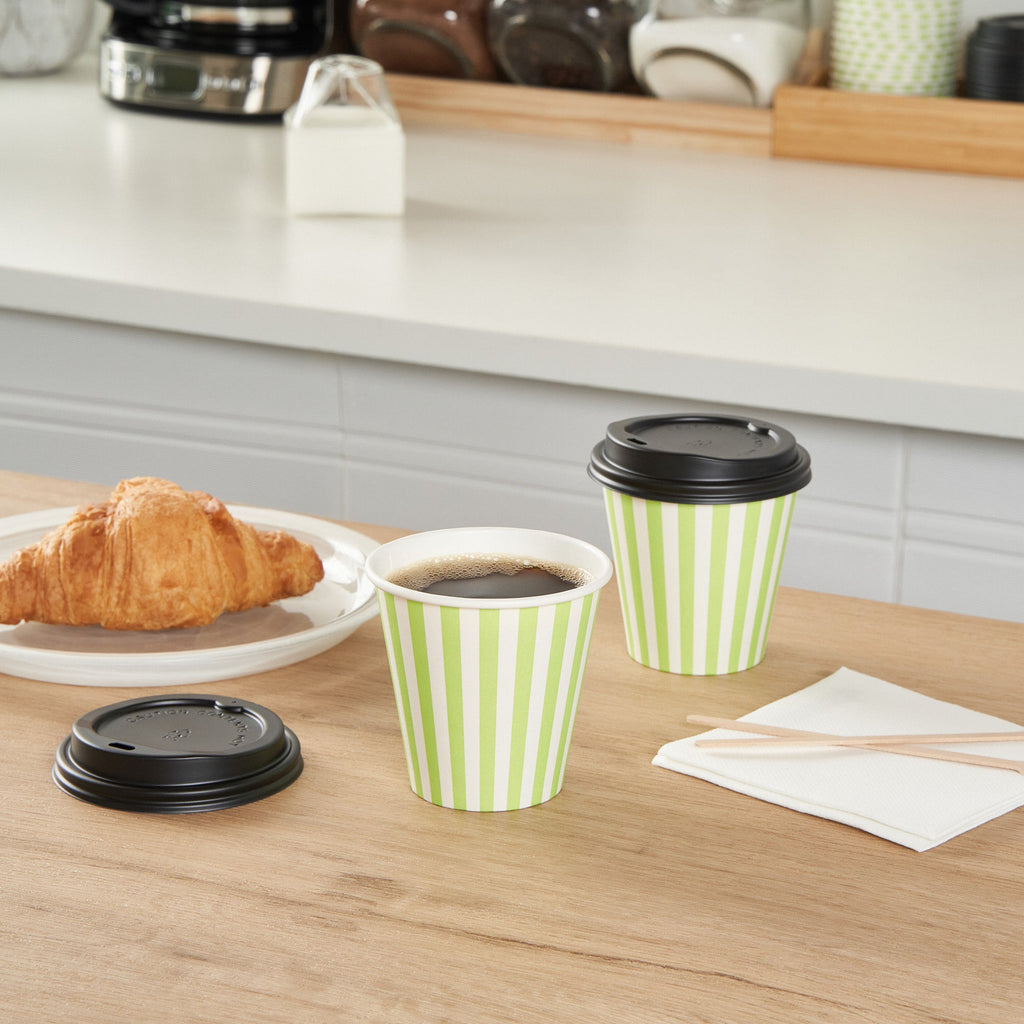 Restpresso 8 oz Green and White Stripe Paper Single Wall Coffee Cup - with Black Lid - 3 1/2" x 3 1/2" x 3 1/4" - 20 count box