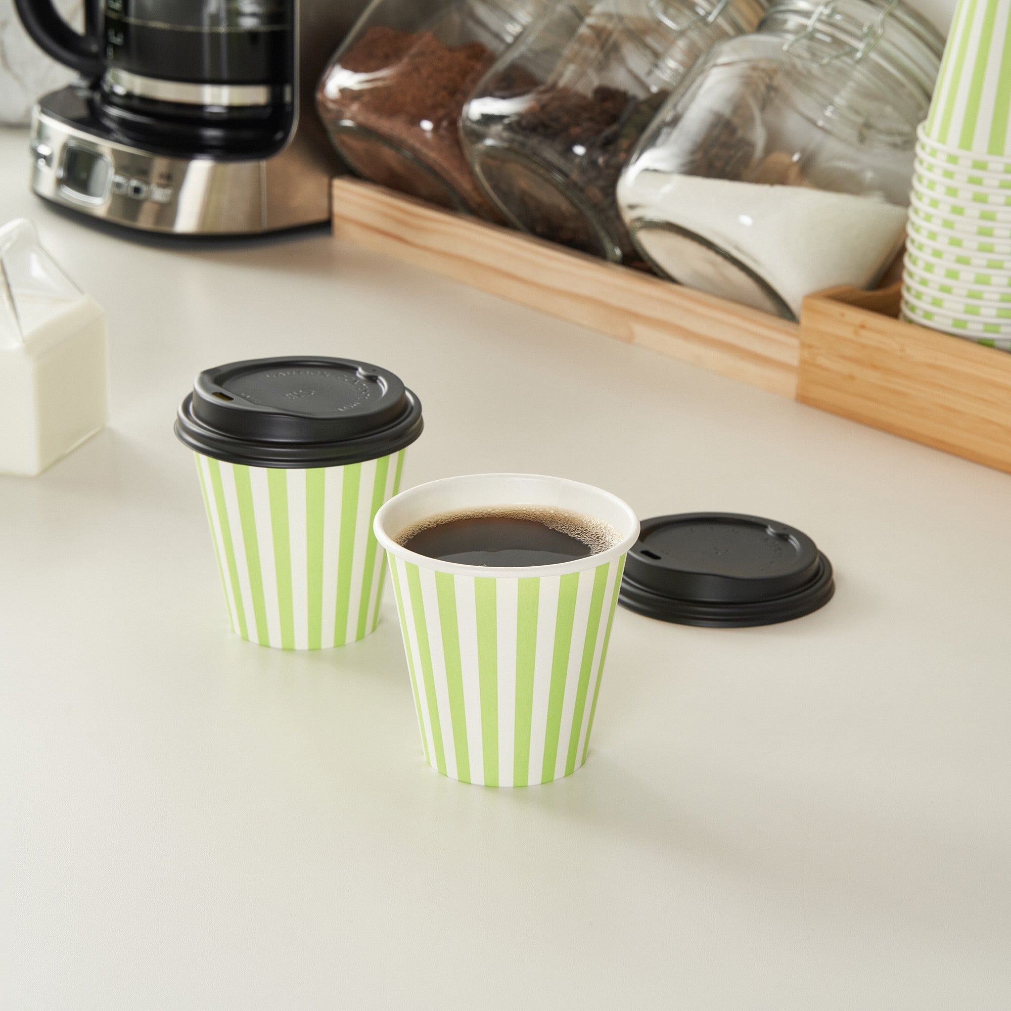 Restpresso 8 oz Green and White Stripe Paper Single Wall Coffee Cup - with Black Lid - 3 1/2" x 3 1/2" x 3 1/4" - 400 count box