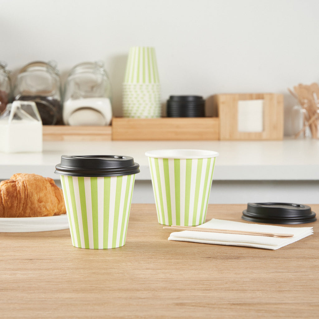 Restpresso 8 oz Green and White Stripe Paper Single Wall Coffee Cup - with Black Lid - 3 1/2" x 3 1/2" x 3 1/4" - 400 count box