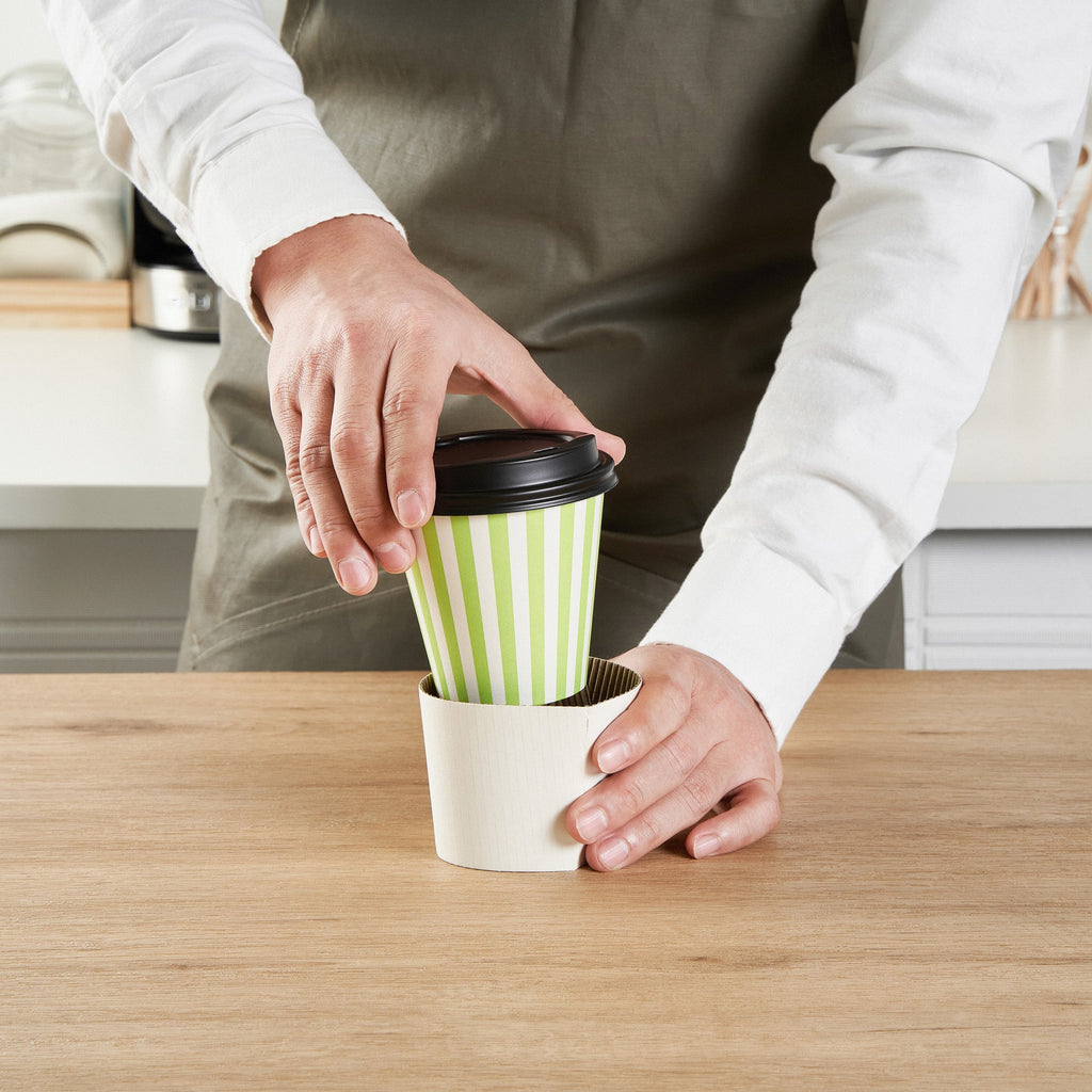 Restpresso 8 oz Green and White Stripe Paper Single Wall Coffee Cup - with Black Lid - 3 1/2" x 3 1/2" x 3 1/4" - 400 count box