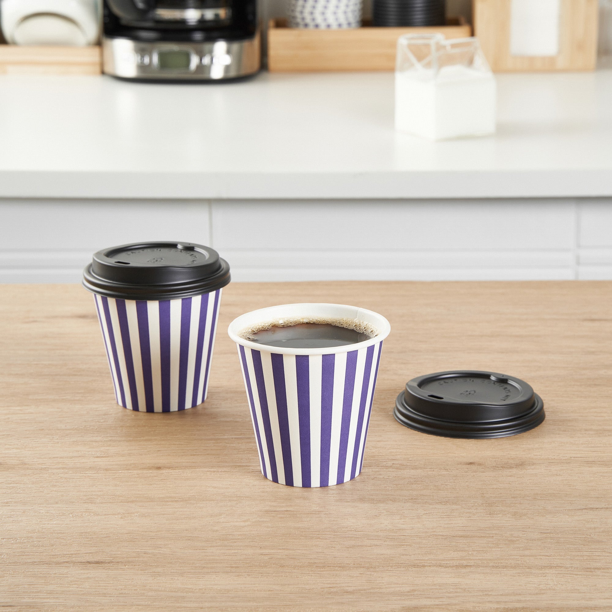 Restpresso 8 oz Purple and White Stripe Paper Single Wall Coffee Cup - with Black Lid - 3 1/2" x 3 1/2" x 3 1/4" - 20 count box