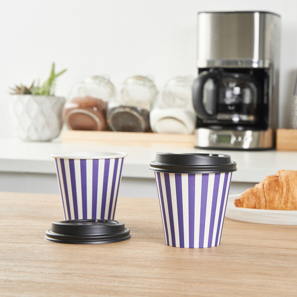 Restpresso 8 oz Purple and White Stripe Paper Single Wall Coffee Cup - with Black Lid - 3 1/2" x 3 1/2" x 3 1/4" - 20 count box