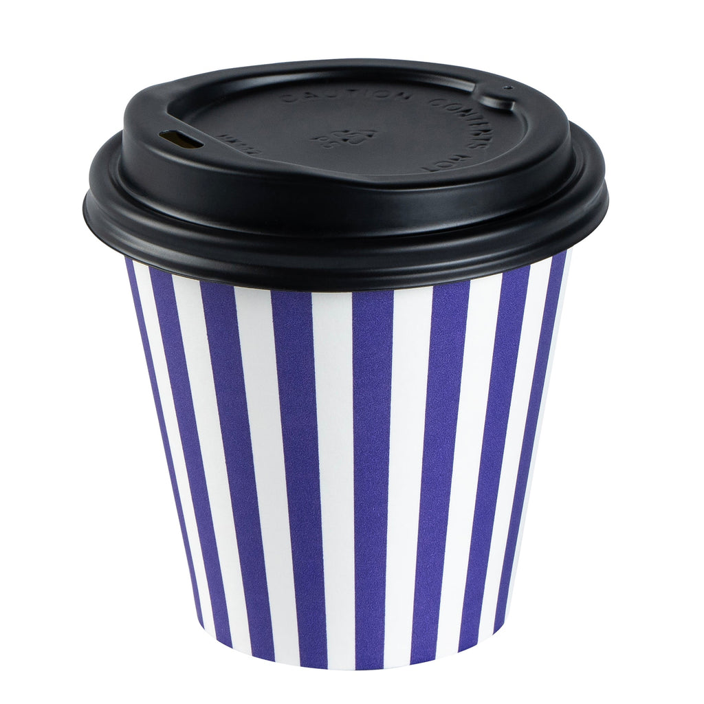 Restpresso 8 oz Purple and White Stripe Paper Single Wall Coffee Cup - with Black Lid - 3 1/2" x 3 1/2" x 3 1/4" - 400 count box