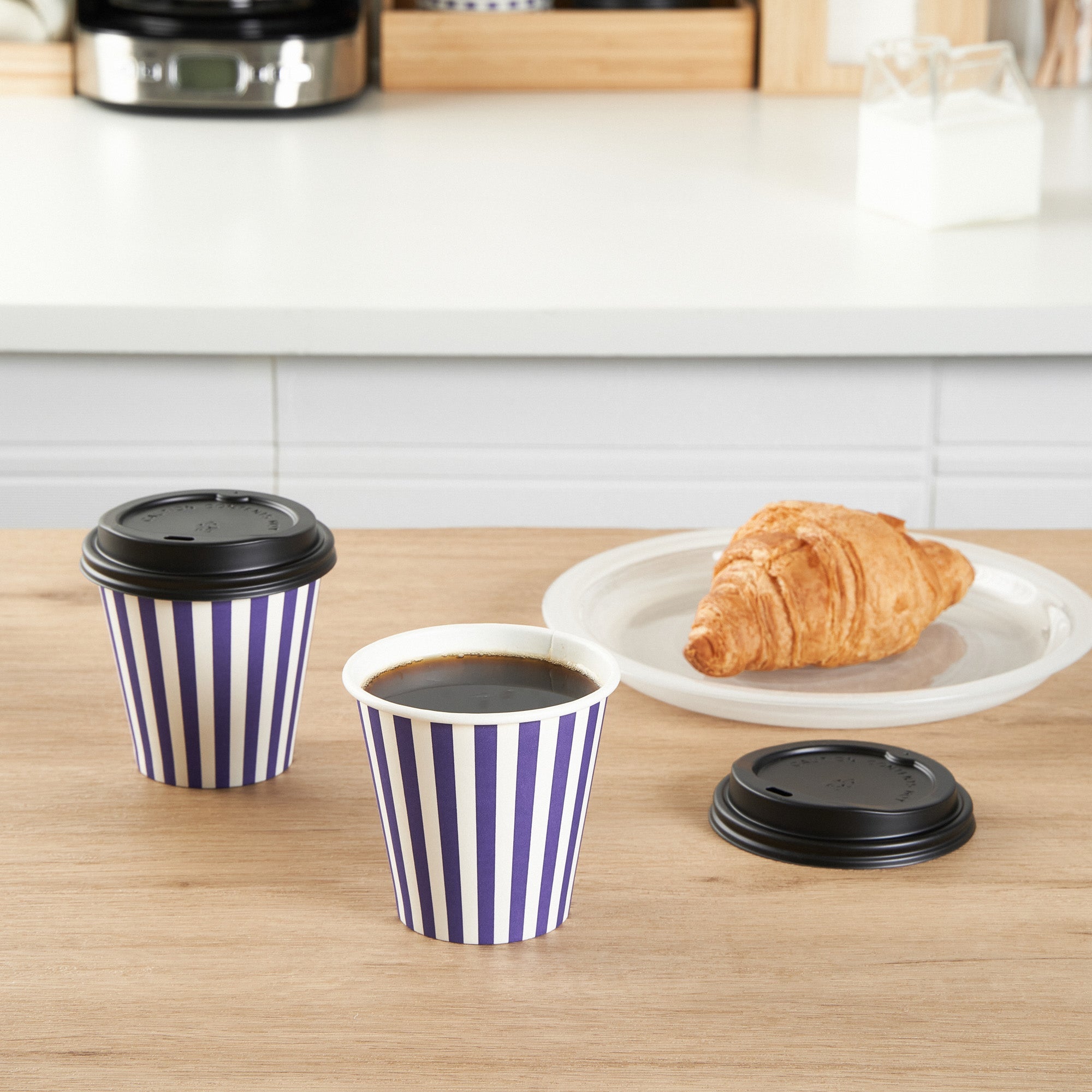Restpresso 8 oz Purple and White Stripe Paper Single Wall Coffee Cup - with Black Lid - 3 1/2" x 3 1/2" x 3 1/4" - 400 count box