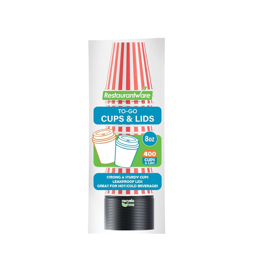 Restpresso 8 oz Red and White Stripe Paper Single Wall Coffee Cup - with Black Lid - 3 1/2" x 3 1/2" x 3 1/4" - 20 count box