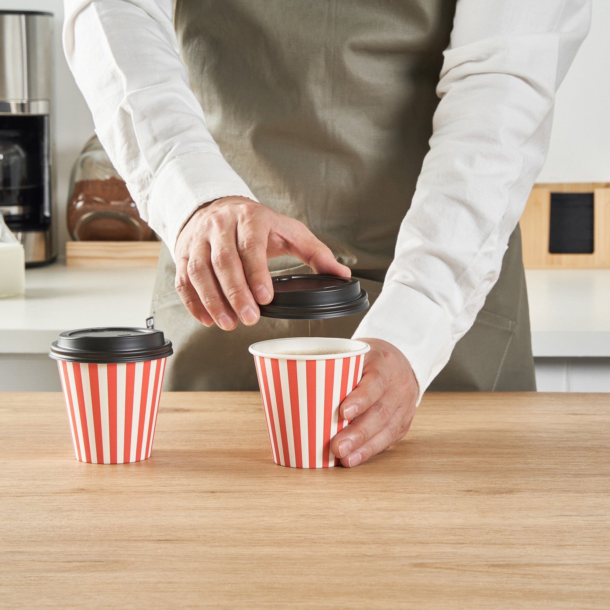 Restpresso 8 oz Red and White Stripe Paper Single Wall Coffee Cup - with Black Lid - 3 1/2" x 3 1/2" x 3 1/4" - 20 count box