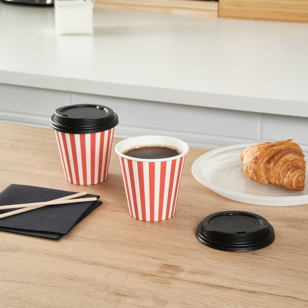 Restpresso 8 oz Red and White Stripe Paper Single Wall Coffee Cup - with Black Lid - 3 1/2" x 3 1/2" x 3 1/4" - 20 count box