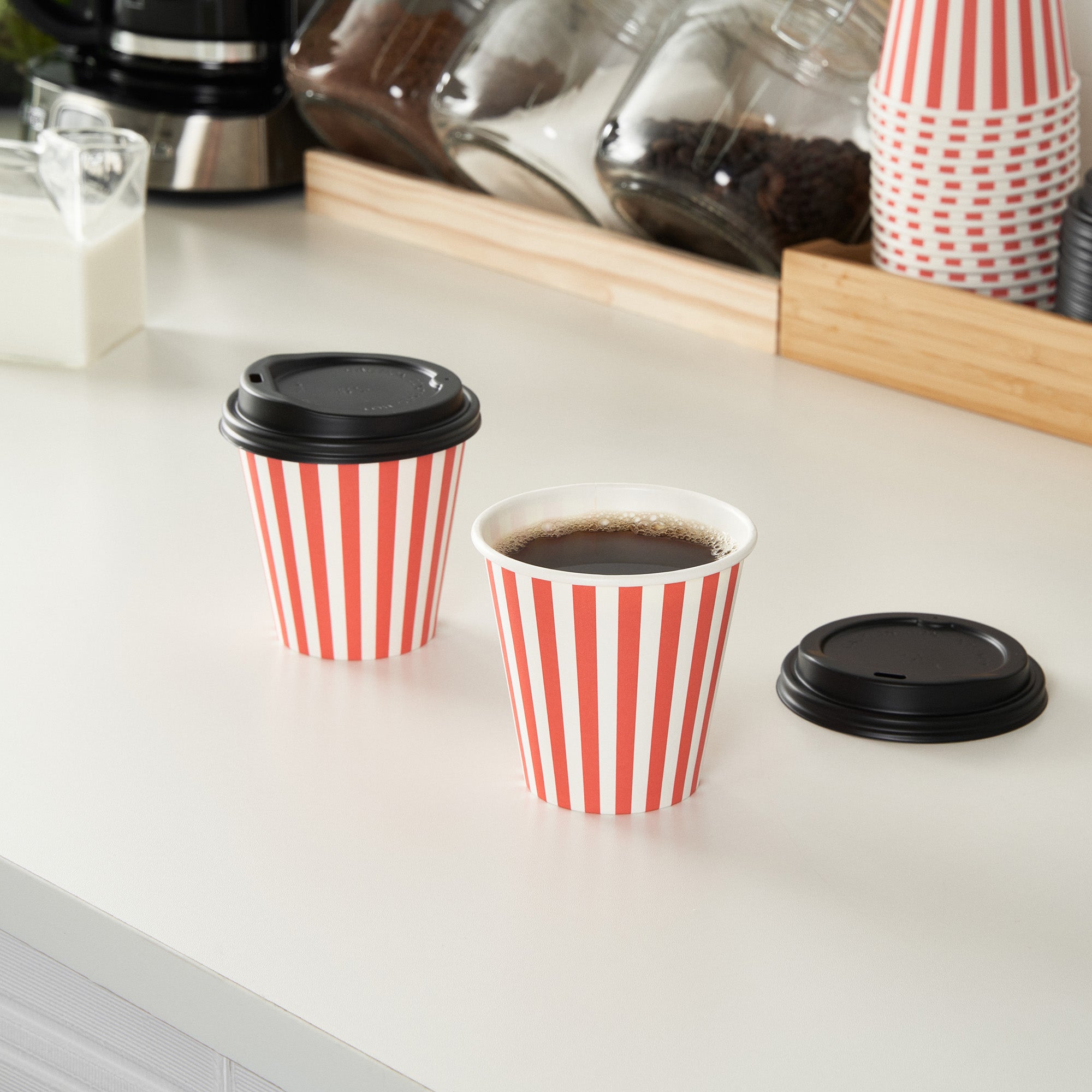Restpresso 8 oz Red and White Stripe Paper Single Wall Coffee Cup - with Black Lid - 3 1/2" x 3 1/2" x 3 1/4" - 400 count box