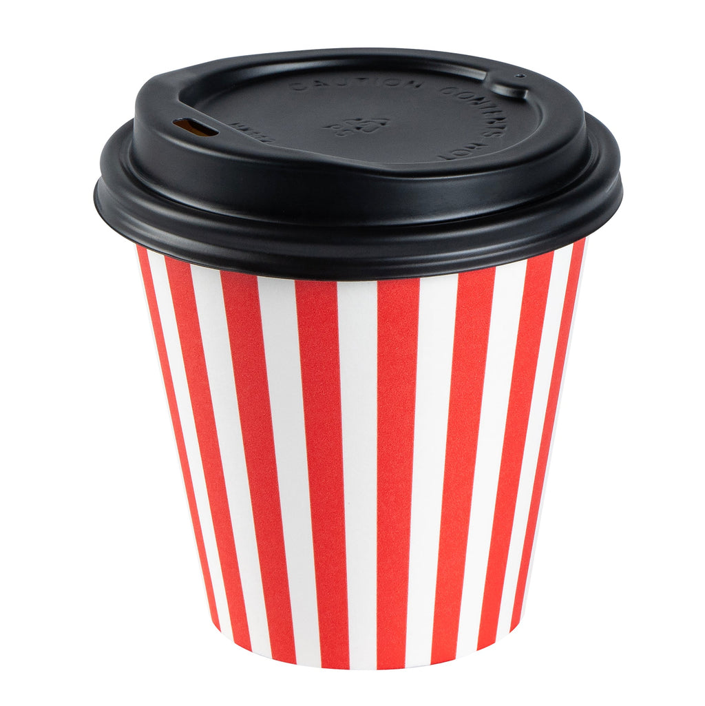 Restpresso 8 oz Red and White Stripe Paper Single Wall Coffee Cup - with Black Lid - 3 1/2" x 3 1/2" x 3 1/4" - 400 count box