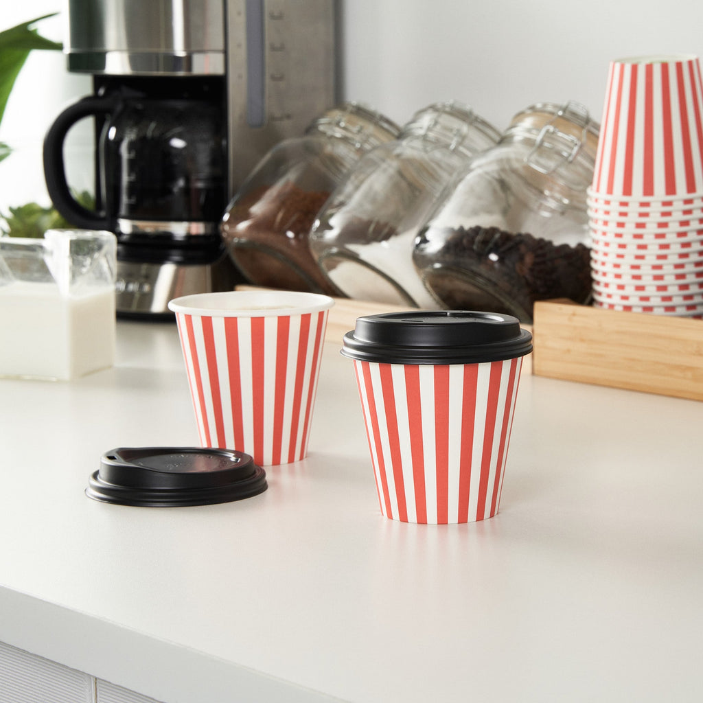 Restpresso 8 oz Red and White Stripe Paper Single Wall Coffee Cup - with Black Lid - 3 1/2" x 3 1/2" x 3 1/4" - 400 count box
