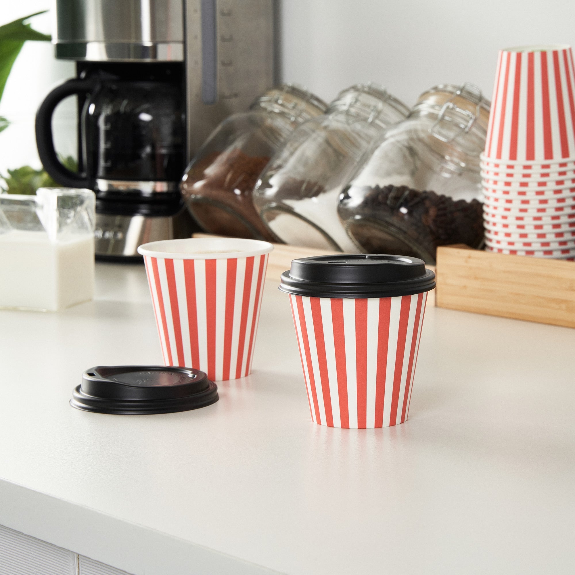 Restpresso 8 oz Red and White Stripe Paper Single Wall Coffee Cup - with Black Lid - 3 1/2" x 3 1/2" x 3 1/4" - 400 count box