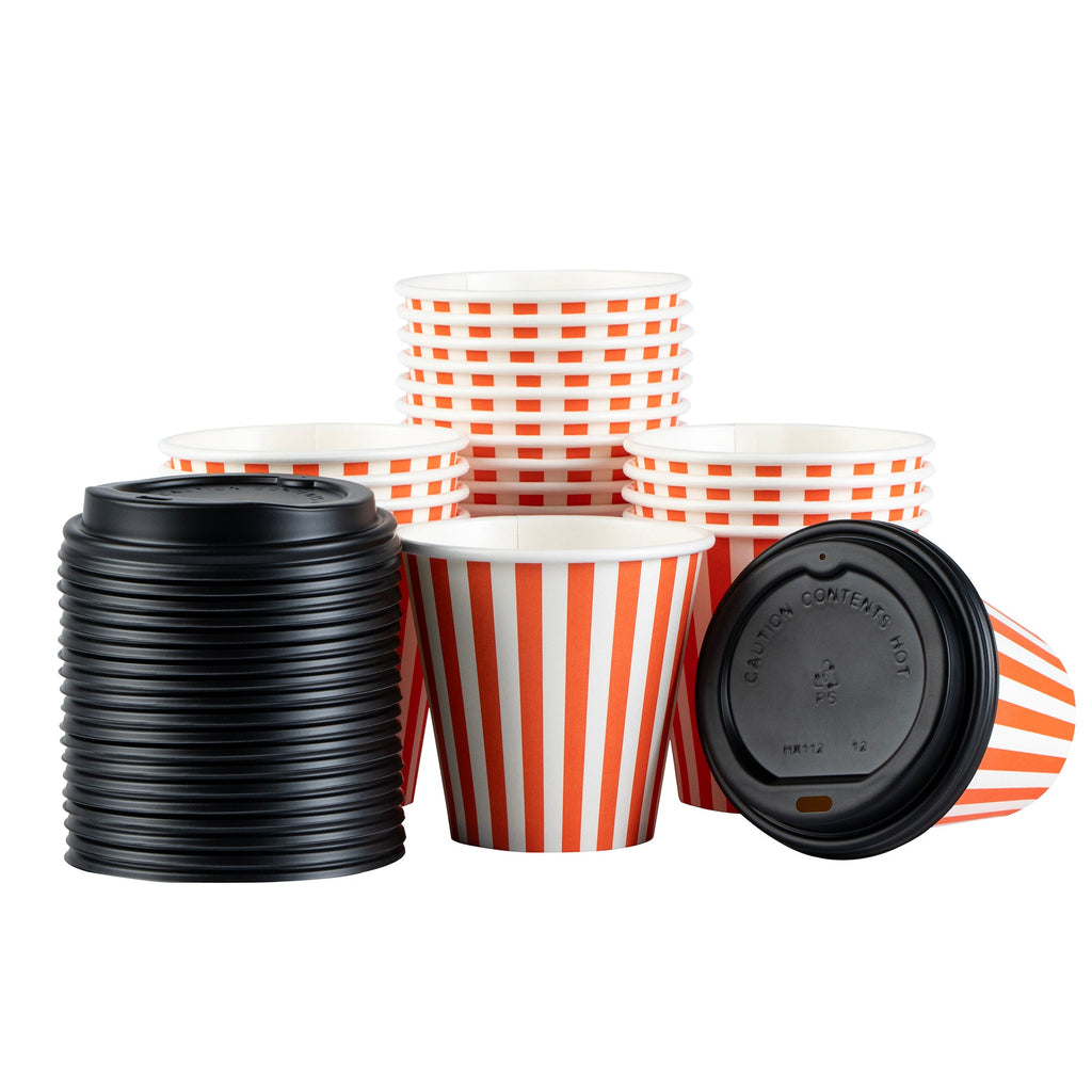 Restpresso 8 oz Orange and White Stripe Paper Single Wall Coffee Cup - with Black Lid - 3 1/2" x 3 1/2" x 3 1/4" - 20 count box