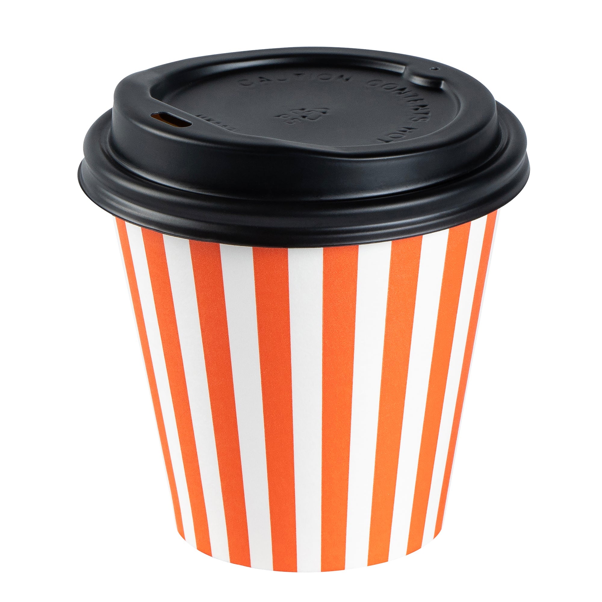 Restpresso 8 oz Orange and White Stripe Paper Single Wall Coffee Cup - with Black Lid - 3 1/2" x 3 1/2" x 3 1/4" - 20 count box