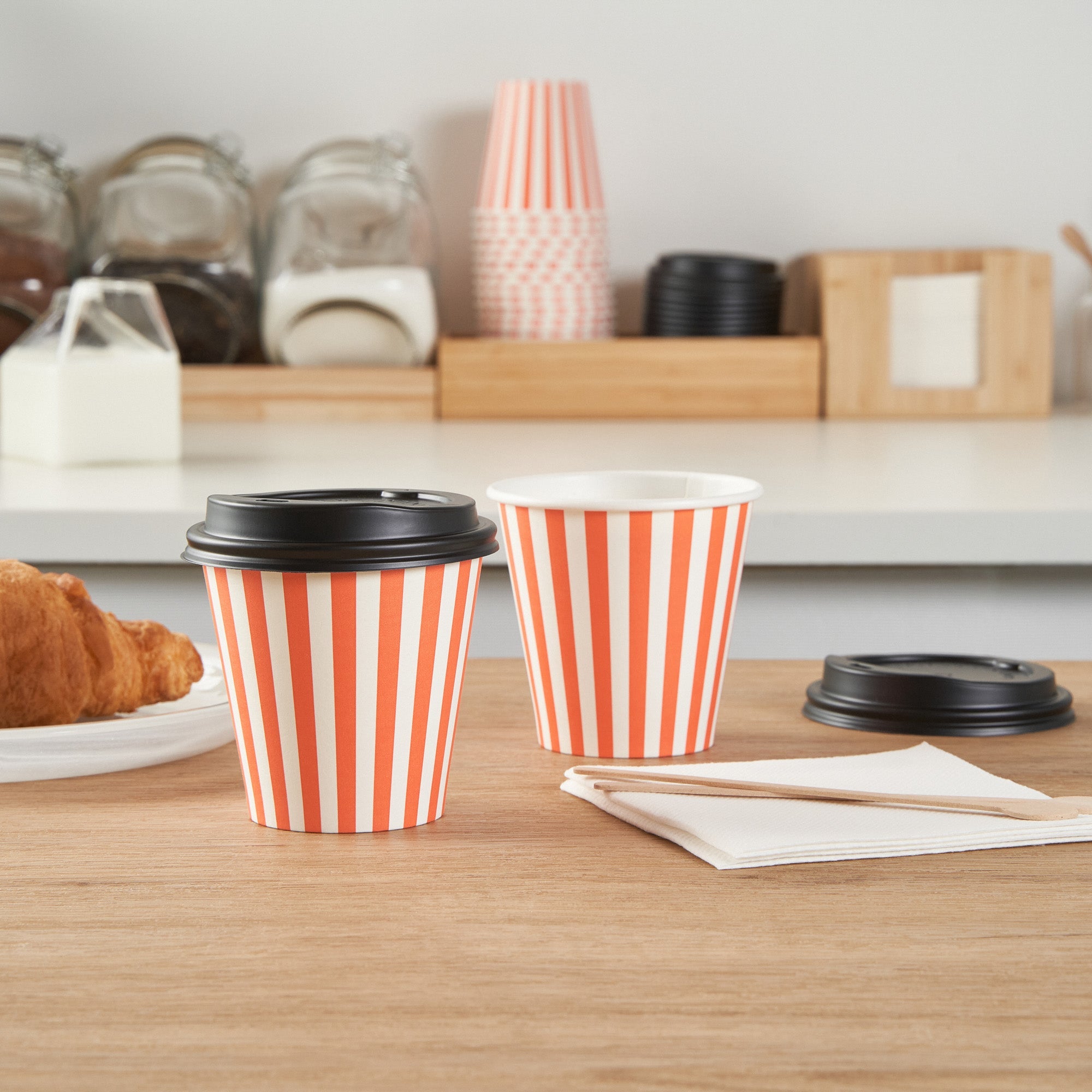 Restpresso 8 oz Orange and White Stripe Paper Single Wall Coffee Cup - with Black Lid - 3 1/2" x 3 1/2" x 3 1/4" - 20 count box