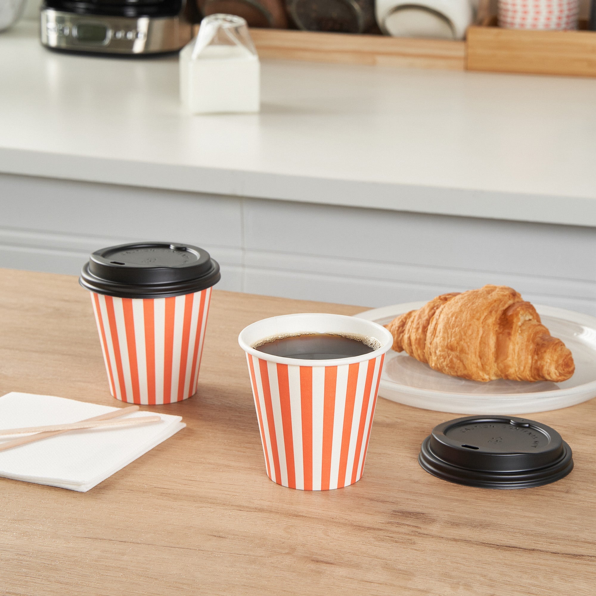 Restpresso 8 oz Orange and White Stripe Paper Single Wall Coffee Cup - with Black Lid - 3 1/2" x 3 1/2" x 3 1/4" - 20 count box