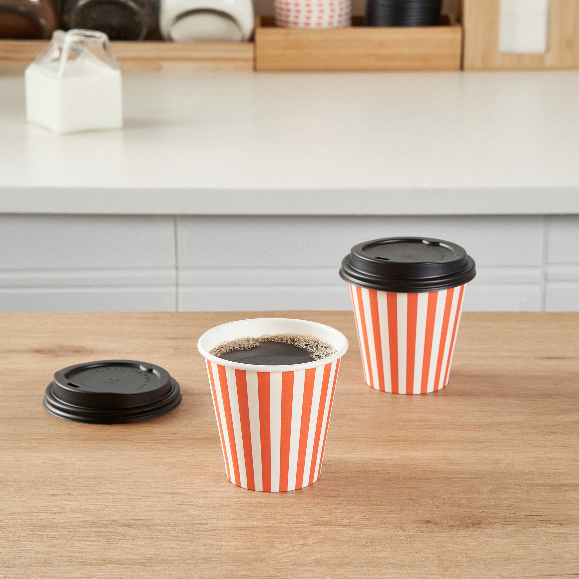 Restpresso 8 oz Orange and White Stripe Paper Single Wall Coffee Cup - with Black Lid - 3 1/2" x 3 1/2" x 3 1/4" - 400 count box