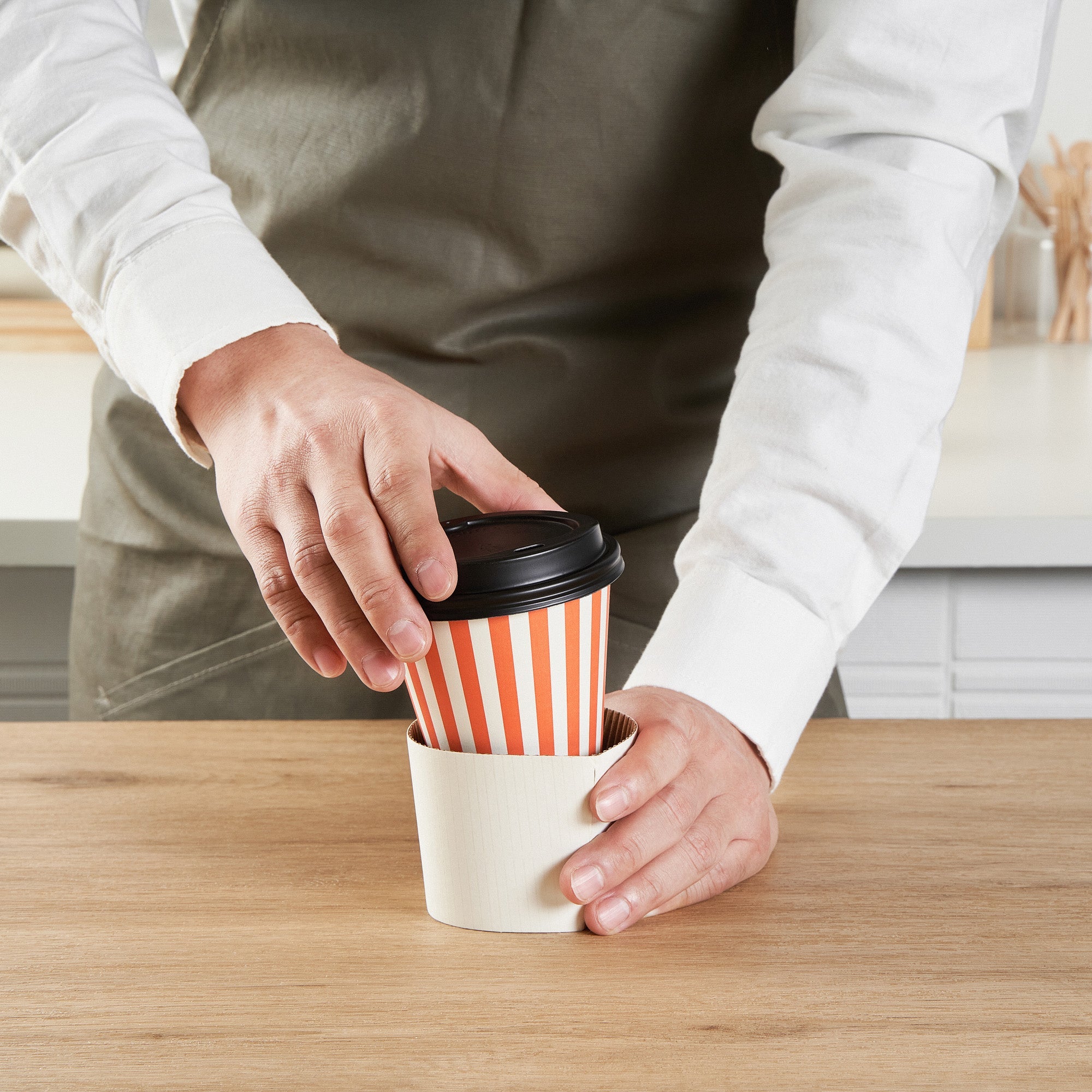 Restpresso 8 oz Orange and White Stripe Paper Single Wall Coffee Cup - with Black Lid - 3 1/2" x 3 1/2" x 3 1/4" - 400 count box