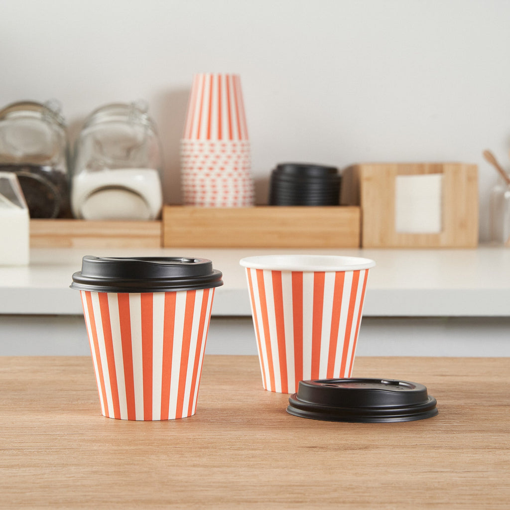 Restpresso 8 oz Orange and White Stripe Paper Single Wall Coffee Cup - with Black Lid - 3 1/2" x 3 1/2" x 3 1/4" - 400 count box